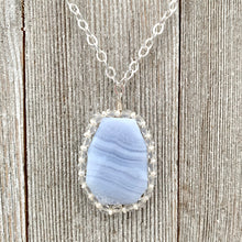 Load image into Gallery viewer, Blue Lace Agate Pendant, Freshwater Pearl, Faceted Czech Glass, Flat Cable Chain, Pendant Necklace