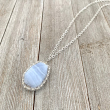 Load image into Gallery viewer, Blue Lace Agate Pendant, Freshwater Pearl, Faceted Czech Glass, Flat Cable Chain, Pendant Necklace