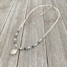 Load image into Gallery viewer, Swarovski Crystals and Pearls, Crystal Teardrop, Silver Shade, Light Sapphire Satin, Adjustable