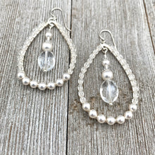 Load image into Gallery viewer, Crystal and Pearl, Wire Wrapped, Teardrop Hoop Earrings, Glass, Swarovski Pearls, Bridal, Formal