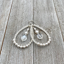 Load image into Gallery viewer, Crystal and Pearl, Wire Wrapped, Teardrop Hoop Earrings, Glass, Swarovski Pearls, Bridal, Formal