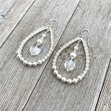 Load image into Gallery viewer, Crystal and Pearl, Wire Wrapped, Teardrop Hoop Earrings, Glass, Swarovski Pearls, Bridal, Formal