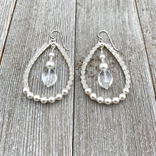 Load image into Gallery viewer, Crystal and Pearl, Wire Wrapped, Teardrop Hoop Earrings, Glass, Swarovski Pearls, Bridal, Formal