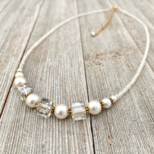 Load image into Gallery viewer, Crystal and Pearl Necklace, Swarovski, Gold Accents, Adjustable Length, Bridal, Wedding, Formal