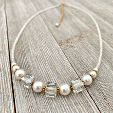 Load image into Gallery viewer, Crystal and Pearl Necklace, Swarovski, Gold Accents, Adjustable Length, Bridal, Wedding, Formal