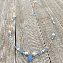 Load image into Gallery viewer, Floating Necklace, Swarovski Pearls, White, Air Blue Opal, Crystals, Tin Cup, Adjustable, Bridal