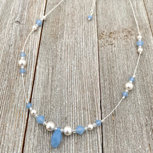 Load image into Gallery viewer, Floating Necklace, Swarovski Pearls, White, Air Blue Opal, Crystals, Tin Cup, Adjustable, Bridal