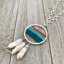 Load image into Gallery viewer, Apatite, Turquoise Crystals, Coral Crystals, Wire Wrapped Hoop, Biwa Pearls, Long Necklace, Boho Chic, Ocean, For Women, Mom, Friend, Teen