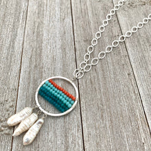 Load image into Gallery viewer, Apatite, Turquoise Crystals, Coral Crystals, Wire Wrapped Hoop, Biwa Pearls, Long Necklace, Boho Chic, Ocean, For Women, Mom, Friend, Teen