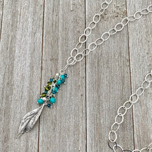 Load image into Gallery viewer, Silver Leaf Pendant, Teal, Turquoise, Olivine Cluster, Long Necklace, Swarovski Crystal, Czech Glass