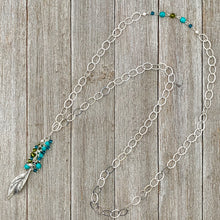 Load image into Gallery viewer, Silver Leaf Pendant, Teal, Turquoise, Olivine Cluster, Long Necklace, Swarovski Crystal, Czech Glass
