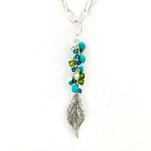 Load image into Gallery viewer, Silver Leaf Pendant, Teal, Turquoise, Olivine Cluster, Long Necklace, Swarovski Crystal, Czech Glass