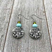 Load image into Gallery viewer, Garden Earrings, Olivine Swarovski Crystals, Turquoise Crystals, TierraCast, Antique Silver, Surgical Steel Ear Wires, For Women, Mom, Gift