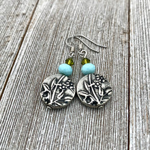 Load image into Gallery viewer, Garden Earrings, Olivine Swarovski Crystals, Turquoise Crystals, TierraCast, Antique Silver, Surgical Steel Ear Wires, For Women, Mom, Gift