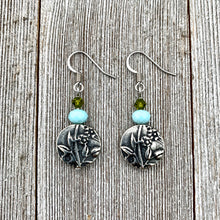 Load image into Gallery viewer, Garden Earrings, Olivine Swarovski Crystals, Turquoise Crystals, TierraCast, Antique Silver, Surgical Steel Ear Wires, For Women, Mom, Gift