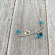 Load image into Gallery viewer, Sterling Silver Owl Necklace, Swarovski Crystals, Owl on a Branch, Teal Owl, Owl Lover, Owl Jewelry