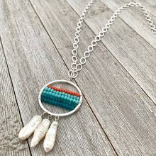 Load image into Gallery viewer, Apatite, Turquoise Crystals, Coral Crystals, Wire Wrapped Hoop, Biwa Pearls, Long Necklace, Boho Chic, Ocean, For Women, Mom, Friend, Teen