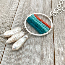 Load image into Gallery viewer, Apatite, Turquoise Crystals, Coral Crystals, Wire Wrapped Hoop, Biwa Pearls, Long Necklace, Boho Chic, Ocean, For Women, Mom, Friend, Teen