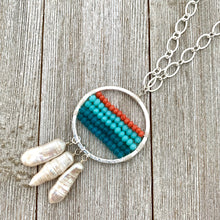 Load image into Gallery viewer, Apatite, Turquoise Crystals, Coral Crystals, Wire Wrapped Hoop, Biwa Pearls, Long Necklace, Boho Chic, Ocean, For Women, Mom, Friend, Teen