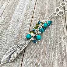 Load image into Gallery viewer, Silver Leaf Pendant, Teal, Turquoise, Olivine Cluster, Long Necklace, Swarovski Crystal, Czech Glass