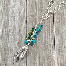Load image into Gallery viewer, Silver Leaf Pendant, Teal, Turquoise, Olivine Cluster, Long Necklace, Swarovski Crystal, Czech Glass