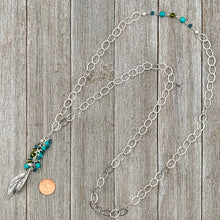Load image into Gallery viewer, Silver Leaf Pendant, Teal, Turquoise, Olivine Cluster, Long Necklace, Swarovski Crystal, Czech Glass