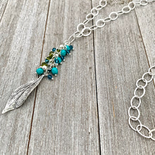 Load image into Gallery viewer, Silver Leaf Pendant, Teal, Turquoise, Olivine Cluster, Long Necklace, Swarovski Crystal, Czech Glass