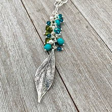 Load image into Gallery viewer, Silver Leaf Pendant, Teal, Turquoise, Olivine Cluster, Long Necklace, Swarovski Crystal, Czech Glass