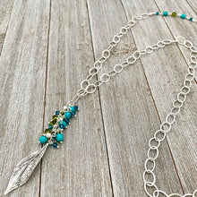Load image into Gallery viewer, Silver Leaf Pendant, Teal, Turquoise, Olivine Cluster, Long Necklace, Swarovski Crystal, Czech Glass