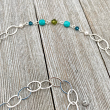 Load image into Gallery viewer, Silver Leaf Pendant, Teal, Turquoise, Olivine Cluster, Long Necklace, Swarovski Crystal, Czech Glass