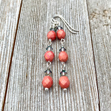 Load image into Gallery viewer, Metallic Coral Firepolish, Paradise Shine Crystal, Long Earrings, Silver Filled Ear Wires, Dangle Earrings, Swarovski Crystals, Czech Glass