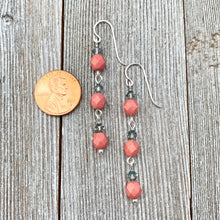 Load image into Gallery viewer, Metallic Coral Firepolish, Paradise Shine Crystal, Long Earrings, Silver Filled Ear Wires, Dangle Earrings, Swarovski Crystals, Czech Glass