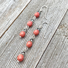 Load image into Gallery viewer, Metallic Coral Firepolish, Paradise Shine Crystal, Long Earrings, Silver Filled Ear Wires, Dangle Earrings, Swarovski Crystals, Czech Glass