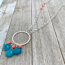 Load image into Gallery viewer, Teal Quartz Teardrops, Pink Coral, Long Necklace, Silver Plated Chain, Bead Cluster, Brushed Silver Hoop, Gift for Friend