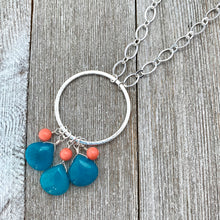 Load image into Gallery viewer, Teal Quartz Teardrops, Pink Coral, Long Necklace, Silver Plated Chain, Bead Cluster, Brushed Silver Hoop, Gift for Friend