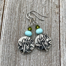 Load image into Gallery viewer, Garden Earrings, Olivine Swarovski Crystals, Turquoise Crystals, TierraCast, Antique Silver, Surgical Steel Ear Wires, For Women, Mom, Gift