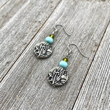 Load image into Gallery viewer, Garden Earrings, Olivine Swarovski Crystals, Turquoise Crystals, TierraCast, Antique Silver, Surgical Steel Ear Wires, For Women, Mom, Gift