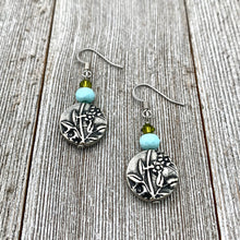 Load image into Gallery viewer, Garden Earrings, Olivine Swarovski Crystals, Turquoise Crystals, TierraCast, Antique Silver, Surgical Steel Ear Wires, For Women, Mom, Gift