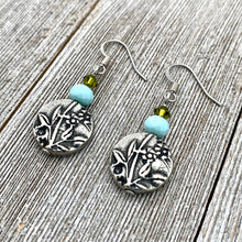 Load image into Gallery viewer, Garden Earrings, Olivine Swarovski Crystals, Turquoise Crystals, TierraCast, Antique Silver, Surgical Steel Ear Wires, For Women, Mom, Gift
