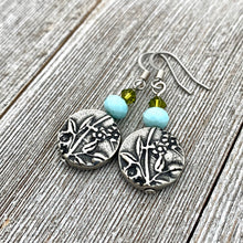 Load image into Gallery viewer, Garden Earrings, Olivine Swarovski Crystals, Turquoise Crystals, TierraCast, Antique Silver, Surgical Steel Ear Wires, For Women, Mom, Gift