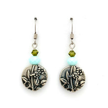 Load image into Gallery viewer, Garden Earrings, Olivine Swarovski Crystals, Turquoise Crystals, TierraCast, Antique Silver, Surgical Steel Ear Wires, For Women, Mom, Gift