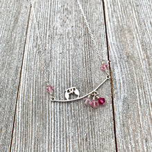 Load image into Gallery viewer, Sterling Silver Owl Necklace, Swarovski Crystals, Owl on a Branch, Pink Owl, Owl Lover, Owl Jewelry