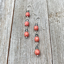 Load image into Gallery viewer, Metallic Coral Firepolish, Paradise Shine Crystal, Long Earrings, Silver Filled Ear Wires, Dangle Earrings, Swarovski Crystals, Czech Glass