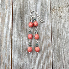 Load image into Gallery viewer, Metallic Coral Firepolish, Paradise Shine Crystal, Long Earrings, Silver Filled Ear Wires, Dangle Earrings, Swarovski Crystals, Czech Glass
