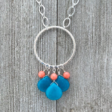Load image into Gallery viewer, Teal Quartz Teardrops, Pink Coral, Long Necklace, Silver Plated Chain, Bead Cluster, Brushed Silver Hoop, Gift for Friend