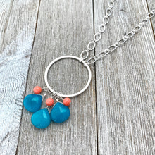 Load image into Gallery viewer, Teal Quartz Teardrops, Pink Coral, Long Necklace, Silver Plated Chain, Bead Cluster, Brushed Silver Hoop, Gift for Friend