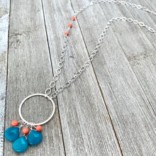 Load image into Gallery viewer, Teal Quartz Teardrops, Pink Coral, Long Necklace, Silver Plated Chain, Bead Cluster, Brushed Silver Hoop, Gift for Friend