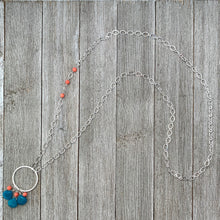 Load image into Gallery viewer, Teal Quartz Teardrops, Pink Coral, Long Necklace, Silver Plated Chain, Bead Cluster, Brushed Silver Hoop, Gift for Friend