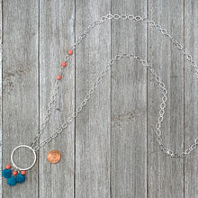 Load image into Gallery viewer, Teal Quartz Teardrops, Pink Coral, Long Necklace, Silver Plated Chain, Bead Cluster, Brushed Silver Hoop, Gift for Friend