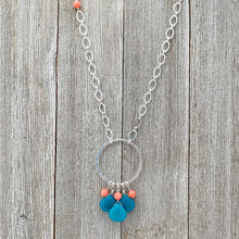 Load image into Gallery viewer, Teal Quartz Teardrops, Pink Coral, Long Necklace, Silver Plated Chain, Bead Cluster, Brushed Silver Hoop, Gift for Friend